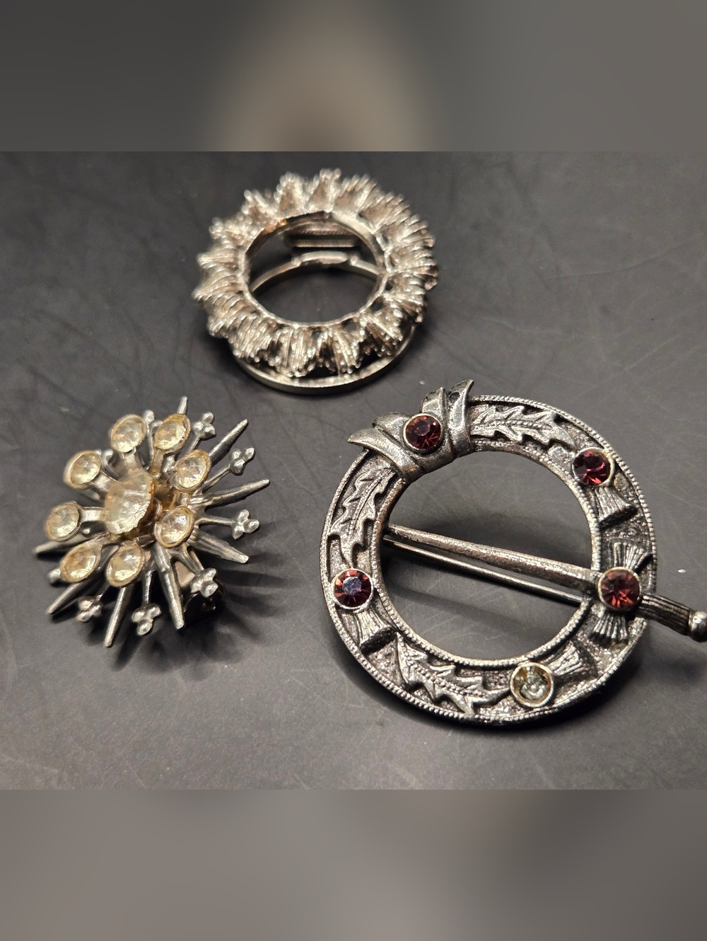 Vintage Brooch Set Celtic Kilt Pin Starburst Rhinestone Dark Academia